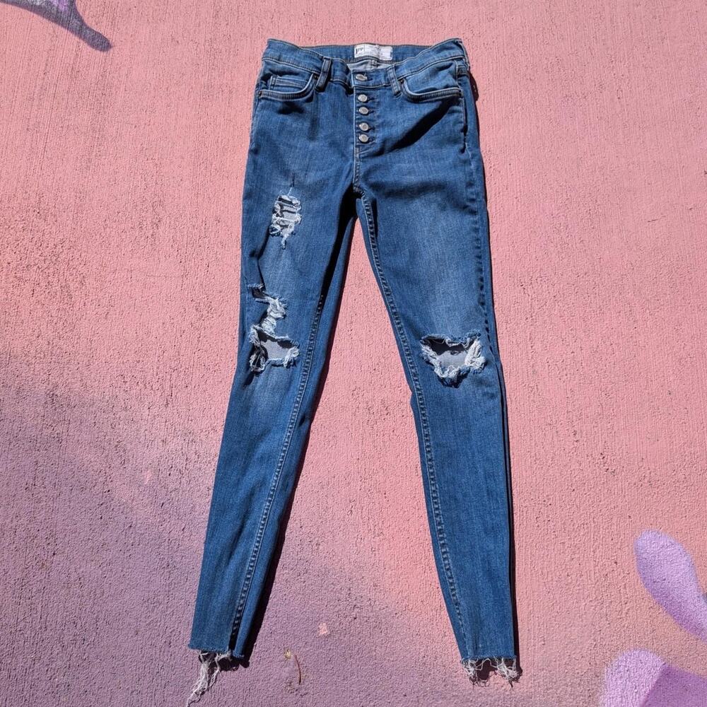 Free People Reagan Distressed Exposed Button Fly Raw Hem Skinny Jeans 26